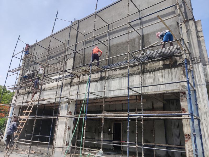 PG Shelters building under construction with scaffolding